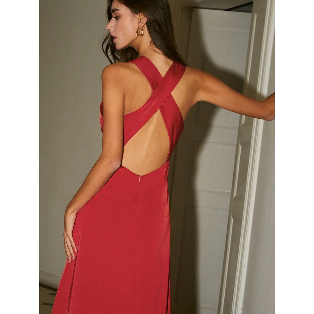 Commense Red Satin Open Back‎ Criss Cross Maxi Dress Formal Gown Sleeveless NWT